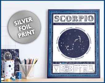 A3 'SCORPIO' Star Sign Illustrated Foil Print, Zodiac Constellation, Scorpio Gift, Astrology Artwork, Celestial Wall Art, Horoscope, Decor.