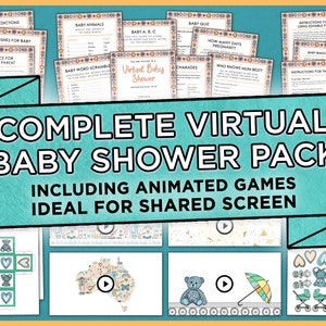 Complete Virtual Baby Shower Party Pack – Neutral Theme, Online Baby Shower Games Bundle, Printable Decorations, Animated Games, Invites,