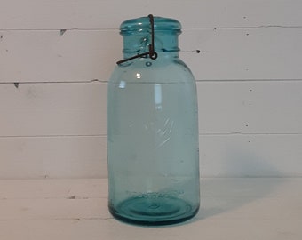 Vintage Half Gallon 1908 Aqua Teal Blue Glass Ball Ideal Canning Fruit Pint Quart Jar Wire Bale Lid Farmhouse Farm Kitchen Decor Storage