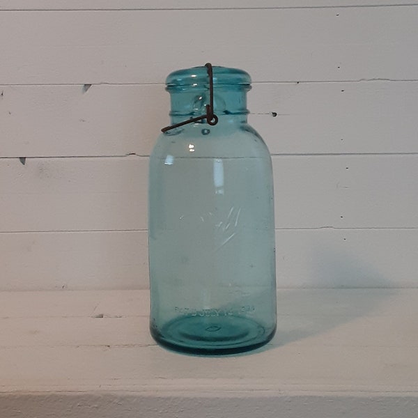 Vintage Half Gallon 1908 Aqua Teal Blue Glass Ball Ideal Canning Fruit Pint Quart Jar Wire Bale Lid Farmhouse Farm Kitchen Decor Storage