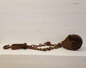6 quot Wood Cast Iron Myers O.K. Barn Pulley with Chain and Hook Rusty Metal Industrial Farmhouse Decor