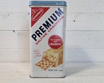 Lata vintage de galletas saladas Nabisco de los años 60 con tapa. Contenedor de almacenamiento secreto para cocina, oficina, baño o caravana. Artículo publicitario coleccionable.