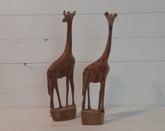 Pair of Vintage 12 Inch Tall Hand Carved Handcarved Wood Made in Kenya Giraffe Statues Giraffe Figurines African Safari Primitive Art Decor