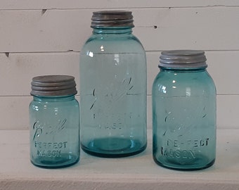 Flower Vases Quart Size  Blue Jars BALL Perfect Mason Canning Jars Food Storage Farmhouse Cottage Chic Triple L Vintage Set of 2