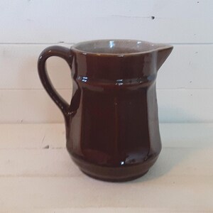 Vintage 7" Tall Dark Brown Glazed Stoneware Pottery Water Milk Pitcher Vase Farmhouse Farm Kitchen Utensil Holder Shelf Mantle Mantel Decor