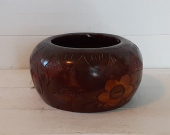 Vintage Hand Carved Wood Bowl with Flower Floral Fruit Decor Art Candy Dish Catch All Catchall Bowl Storage Container Succulent Planter Pot