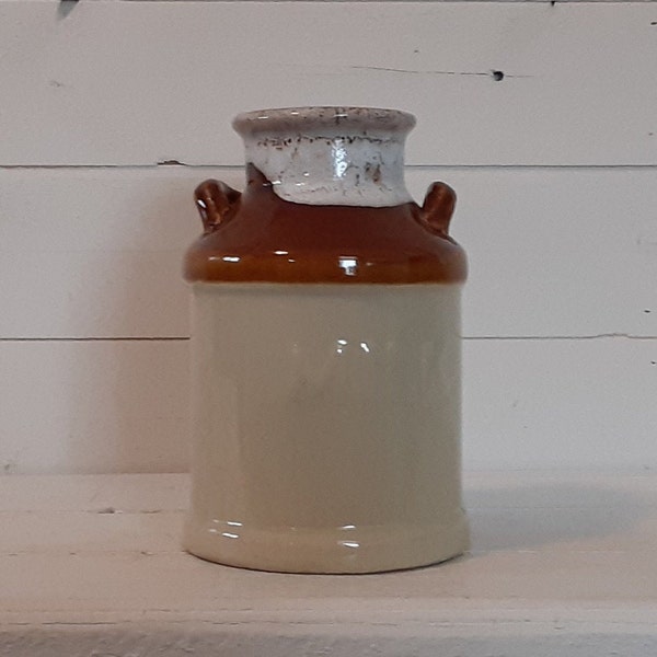 Vintage Enesco Brown Tan Drip Glaze Ceramic Milk Can Two Handled Jug Rustic Primitive Country Farmhouse Kitchen Utensil Holder Vase Storage