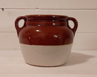 Vintage 1.25 Quart Two Handled Brown White Glaze Bean Pot No Lid Farmhouse Kitchen Decor Storage Stoneware Pot Container Jug Jar Candy Dish