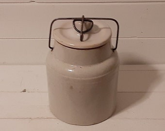 Antique Vintage White Glazed Stoneware Canning Crock Jug Fruit Jar Metal Bail Bale Wire Handle Lid Primitive Farmhouse Kitchen Decor Storage