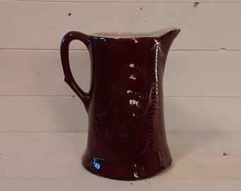 Vintage 7.75" Tall Dark Brown Glazed with Grapes Stoneware Pottery Water Milk Pitcher Vase Farmhouse Kitchen Utensil Holder Shelf Decor