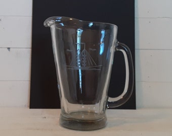 Vintage Frosted Etched Schooner Clipper Sailboat Glass Water Milk Lemonade Beer Pitcher Nautical Sailing Beach Lake Home Drink Barware Decor