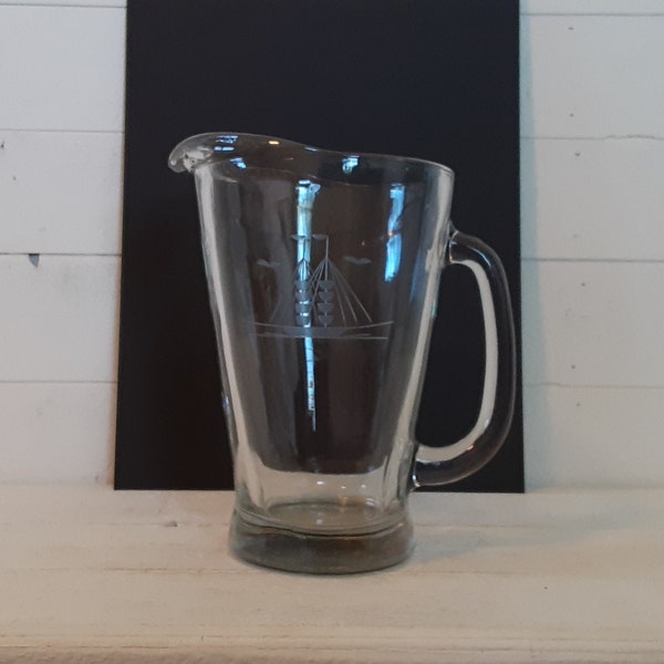 Vintage Frosted Etched Schooner Clipper Sailboat Glass Water Milk Lemonade Beer Pitcher Nautical Sailing Beach Lake Home Drink Barware Decor