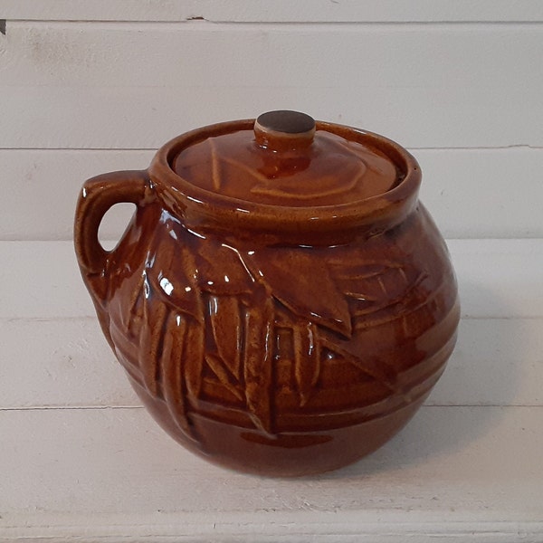 Vintage 1940s McCoy Brown Pea Pod and Leaf Design One Single Handled Bean Pot Soup Tureen Lid Ceramic Stoneware Pottery Made in USA Crock