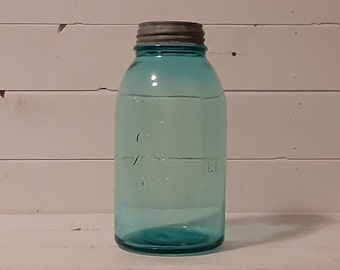 Antique Aqua Teal Blue Glass Ball Mason Canning Fruit 3.5 Pints 1.75 Quart Jar with Lid Farmhouse Farm Kitchen Wedding Decor Storage Vase