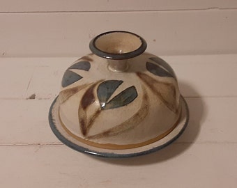 Vintage Handmade Onion Keeper Storage Pottery by Clay Bay J Aurelius Blue White Brown Floral Artisan Pottery Candy Catch All Dish Bowl Decor