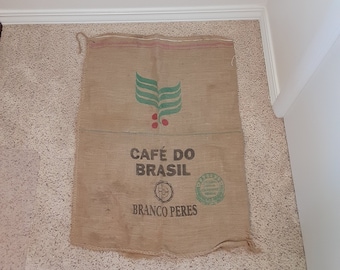 Vintage Cafe Do Brasil Branco Peres Jauense Brazil Burlap Grain Feed Bag Sack Farmhouse Country Rustic Primitive Kitchen Industrial Decor