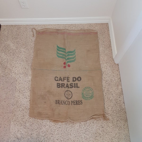 Vintage Cafe Do Brasil Branco Peres Jauense Brazil Burlap Grain Feed Bag Sack Farmhouse Country Rustic Primitive Kitchen Industrial Decor