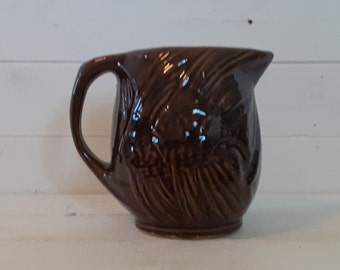 Vintage 6.25" Tall McCoy Dark Brown Glazed Stoneware Pottery Water Milk Pitcher Vase Embossed Angel Fish Nautical Cabin Lake Beach Decor