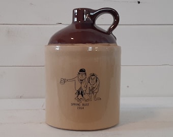 Vintage 1964 Delta Kappa Fraternity Spring Break Bust Two Tone Beige Brown Whiskey Moonshine Stoneware Jug Handle Man Cave Bottle Collector