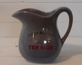 Vintage 32 Oz Gray Hiram Walker's Ten High Bourbon Pitcher Water Milk Pitcher Home Drink Barware Man Cave Advertising Made in USA Decor