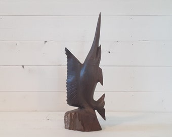 Vintage Hand Carved 12" Tall Mid-Century Wood Fish Swordfish Marlin Sailfish Statue Figurine Beach House Nautical Coastal Decor Animal Art