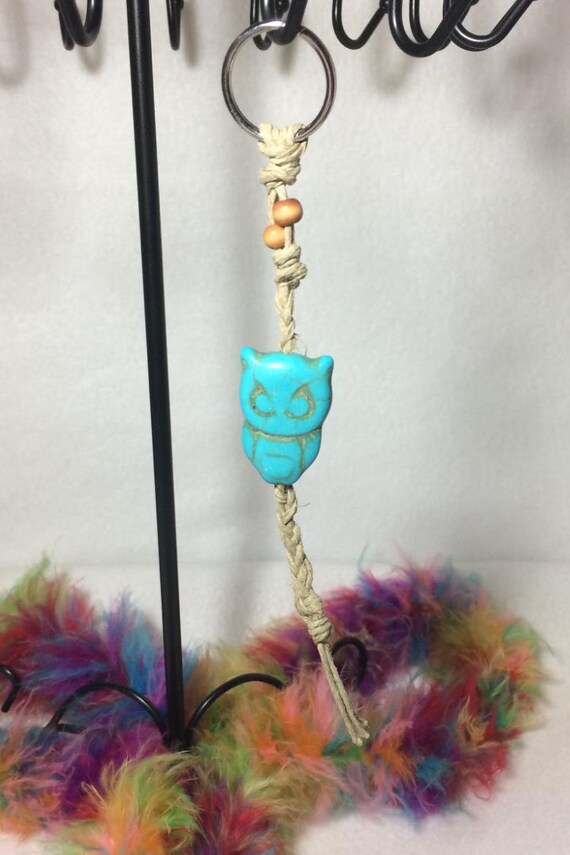 Items similar to Turquoise & Wooden Beaded Hemp Owl Keychain, teal