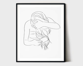 Woman Brushing Hair Line Art, Minimal Line Drawing, Bedroom Wall Art, Woman Figure Sketch, Line Drawing, Woman Line Art, Brushing, Printable