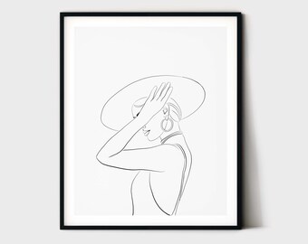 Fashion Line Art, Minimal Line Drawing, Bedroom Wall Art, Woman Figure Sketch, One Line Drawing, Fashion Art, Woman Wearing Hat, Printable