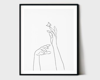 Abstract Hands Line Art, Minimal Line Drawing, Butterfly Wall Art, Woman Hand Sketch, One Line Drawing, Nude Art, Hand Art Poster Printable