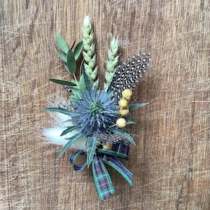 Scottish Thistle Dried Flower Boutonnière, Choose Your Own Tartan, Scottish Buttonhole, Thistle, Tartan Blue Themed Corsage, Rustic Corsage