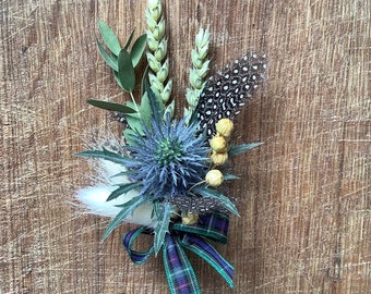 Scottish Thistle Dried Flower Boutonnière, Choose Your Own Tartan, Scottish Buttonhole, Thistle, Tartan Blue Themed Corsage, Rustic Corsage