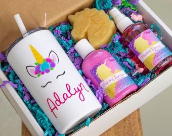 Unicorn Gift Set for Girls, Stay Magical Gift Box, Unicorn Birthday Party Gift, Bath and Body Basket, Luffa Soap Bath Bomb