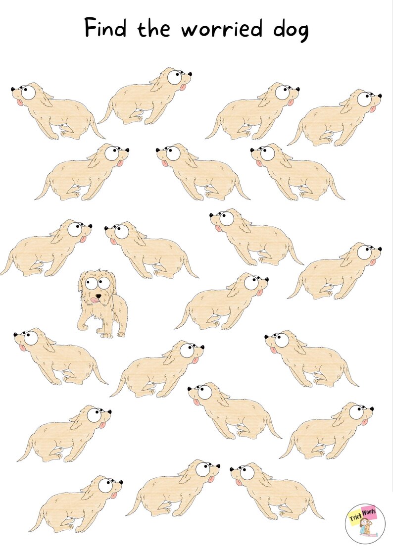 Puede incluir: Una hoja de trabajo imprimible con el texto "Find the worried dog" (Encuentra al perro preocupado) en la parte superior. La hoja de trabajo presenta una imagen de dibujos animados de 17 perros, todos con ojos grandes y lenguas afuera. Un perro tiene una expresi&oacute;n preocupada con la boca cerrada.