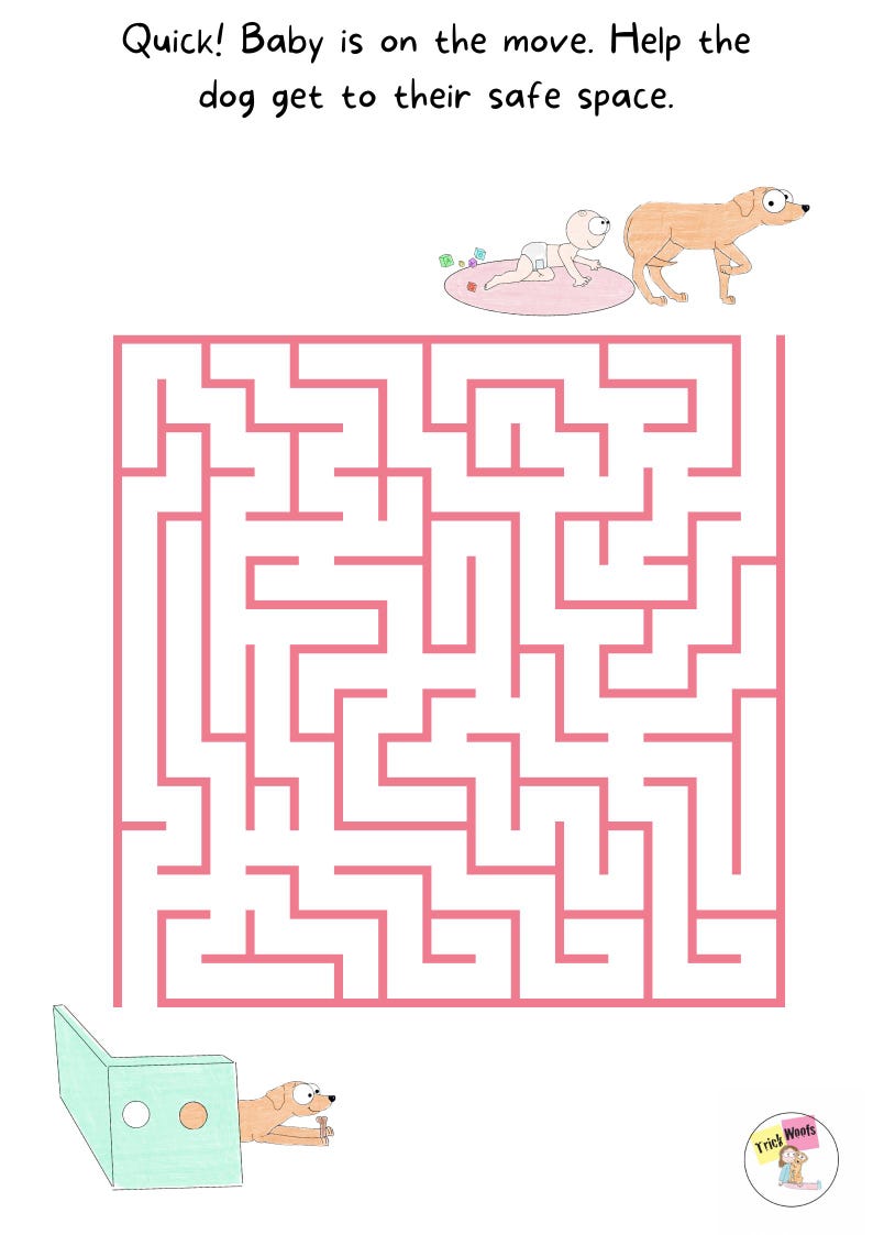 Puede incluir: Un laberinto rosa con un perro marr&oacute;n en la parte inferior y un beb&eacute; gateando en la parte superior. El texto "Quick! Baby is on the move. Help the dog get to their safe space." est&aacute; en la parte superior de la imagen. El texto "Trick Woofs" est&aacute; en la parte inferior de la imagen.