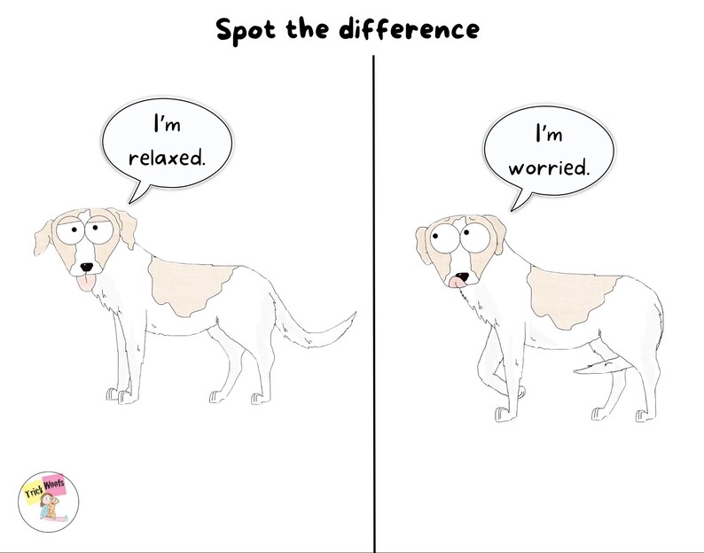 Puede incluir: Una ilustraci&oacute;n de dibujos animados en blanco y negro de un perro con un globo de di&aacute;logo sobre su cabeza. El globo de di&aacute;logo dice "Estoy relajado." El perro de la derecha tiene un globo de di&aacute;logo que dice "Estoy preocupado." El perro de la derecha tiene la cola metida entre las piernas.