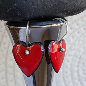 Heart Enamel Earrings, Sweetheart Valentines Gift, Red Enamel on Copper, Handmade