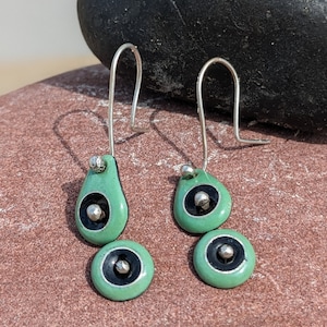 Art Deco Dangle Earrings, Unique, Modern Design, Cloisonné Green and Black Enamel Statement Jewelry, Available in CUSTOM COLORS