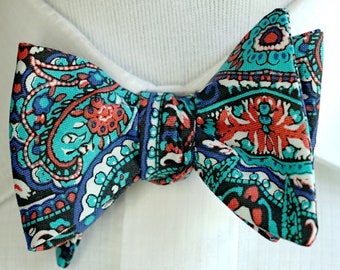 Turquoise Silver And Gray Paisley Stripe Design Self Tie Freestyle Bow Tie
