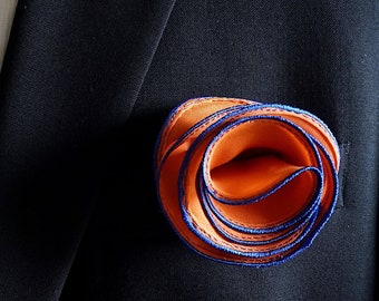 Orange Pocket Square with Blue Edge Border Wedding Hankerchief  Custom Pocket Round  Groomsman Hankie  Pocket Silk Handkerchief for Man