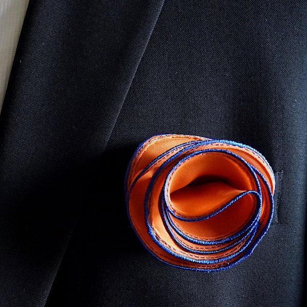 Orange Pocket Square with Blue Edge Border Wedding Hankerchief  Custom Pocket Round  Groomsman Hankie  Pocket Silk Handkerchief for Man