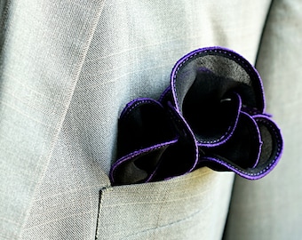 Black Pocket Square with Purple Edge Border Wedding Hankerchief  Custom Pocket Round  Groomsman Hankie  Pocket Silk Handkerchief for Man