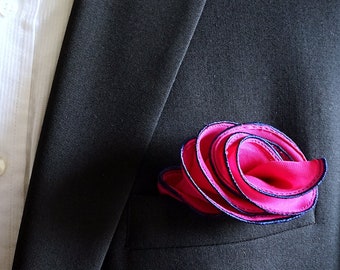 Hot Pink Magenta Fuchsia Pocket Square with Navy Edge Border Wedding Hankerchief Pocket Round  Groomsman Hankie  Pocket Handkerchief for Men