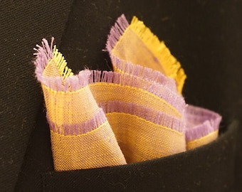 Linen Pocket Square for Men, Handkerchief with Yellow and Purple Fringes, Pocket Square Gift