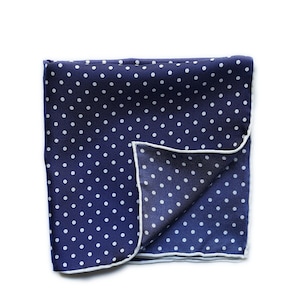 Navy Blue Silk Pocket Square, White Dots, Wedding Pocket Square, Groomsmen, Hand Rolled Edges