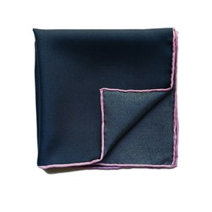 Blue Silk Pocket Square with Pink Edging, Navy Blue Hankie, Hand Rolled Edges, Wedding Handkerchief, Gift For Men image 1