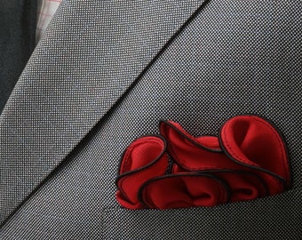 Red Silk Pocket Square with Black Edge Border  Wedding Hankerchief  Custom Pocket Round  Groomsman Hankie  Pocket Handkerchief for Man