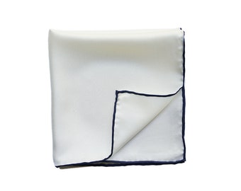 White Pure Silk Pocket Square with Navy Edging, Hand Rolled Edges, Wedding Handkerchief