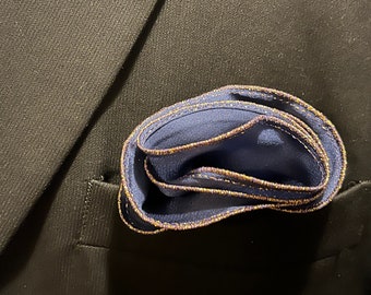 Navy Blue Pocket Square with Gold and Royal Blue Edging