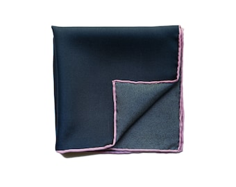 Blue Silk Pocket Square with Pink Edging, Navy Blue Hankie, Hand Rolled Edges, Wedding Handkerchief, Gift For Men