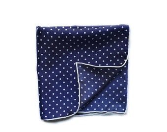 Navy Blue Silk Pocket Square, White Dots, Wedding Pocket Square, Groomsmen, Hand Rolled Edges